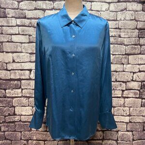 Kate Hill Blue Silk Button Down Long Sleeve Blouse Size 16